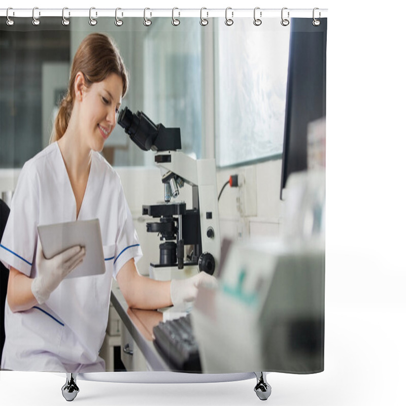 Personality  Researcher Holding Digital Tablet In Laboratory Shower Curtains