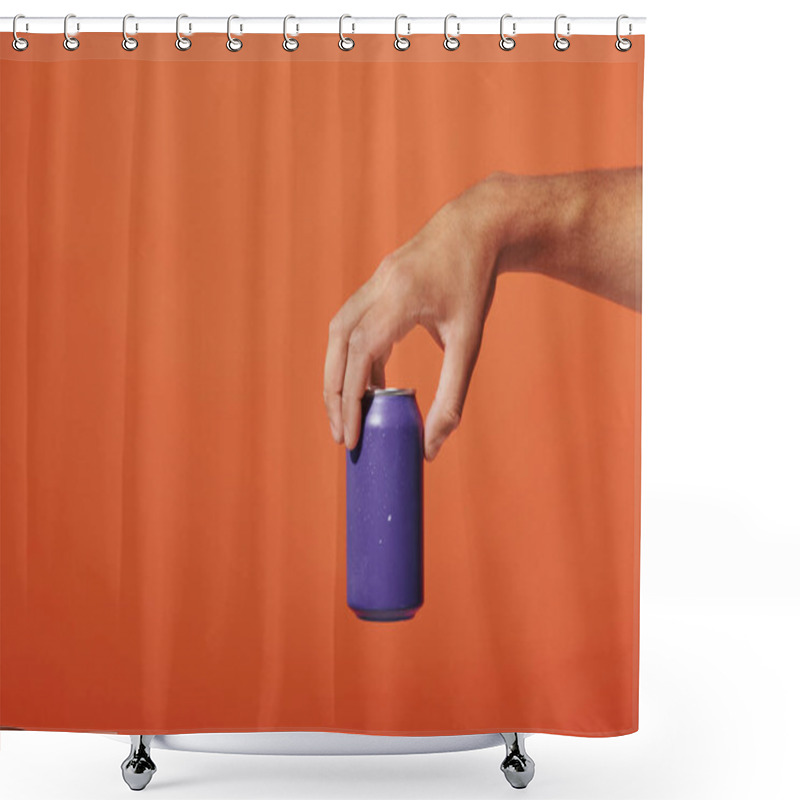 Personality  Cropped View Of Person Holding Purple Soda Can In Hand On Orange Background, Carbonated Drink Shower Curtains