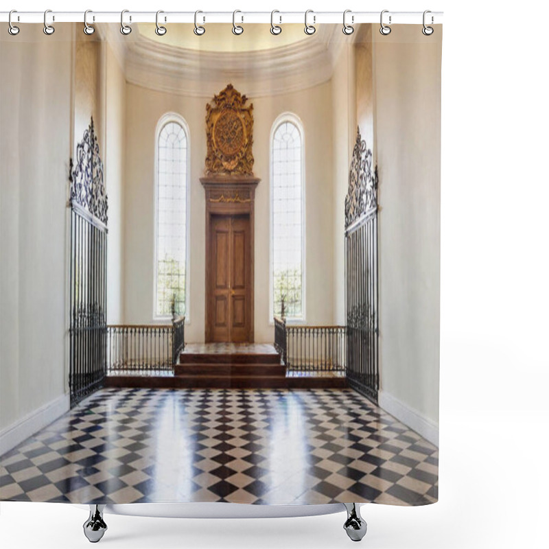 Personality  Black And White Ballroom: A Formal Space With Black And White Checkered Floors, Sweeping Velvet Drapes, And A Central Grand Staircase Framed By Wrought-iron Railings. Shower Curtains