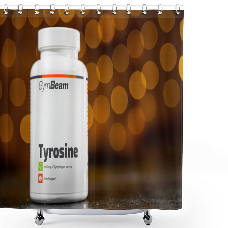 Personality  Kyiv, Ukraine - January 8, 2025: Plastic Jar With Tyrosine Capsules From GymBeam Close-up On A Blurred Background. Shower Curtains