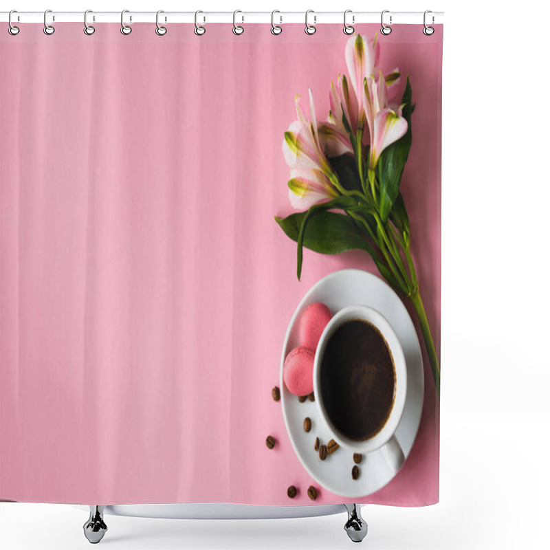 Personality  Cup Of Coffee With Macaroons With Coffee Beans On A Saucer With A Pink Flower On A Pink Background Shower Curtains