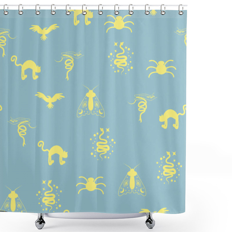 Personality  Silhouettes Magic Symbols Seamless Pattern, With Magical Elements Such As Snake, Eye, Tarot Cards, Hand, Skull, Potion, Moon, Butterfly, Mushrooms, Stars. Witchcraft Theme Symbols And Elements. Shower Curtains