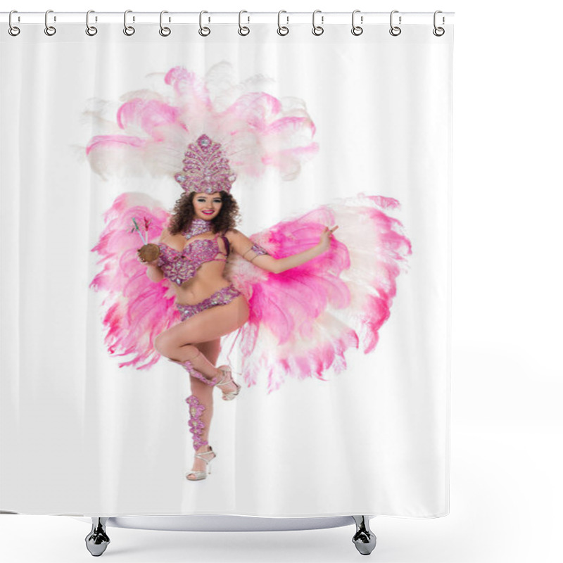 Personality  Woman In Carnival Costume Holding Coconut With Straws And Looking At Camera While Dancing, Isolated On White      Shower Curtains