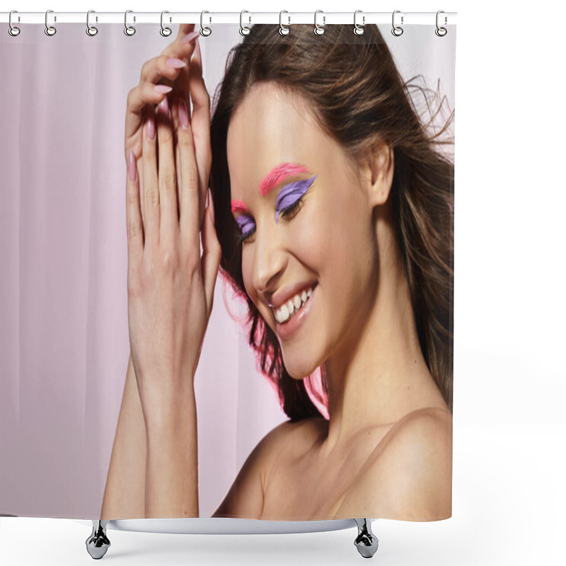 Personality  Young Woman Displays Her Vibrant Beauty With Striking Purple Eyeshadow And Pink Eyebrows. Shower Curtains