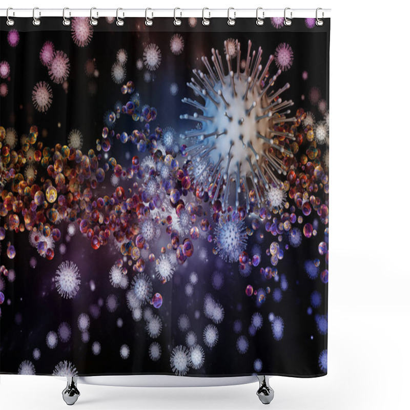 Personality  Coronavirus Micro World. Viral Epidemic Series. 3D Illustration Of Coronavirus Particles And Micro Space Elements Relevant For Virus, Epidemic, Infection, Disease And Health Shower Curtains