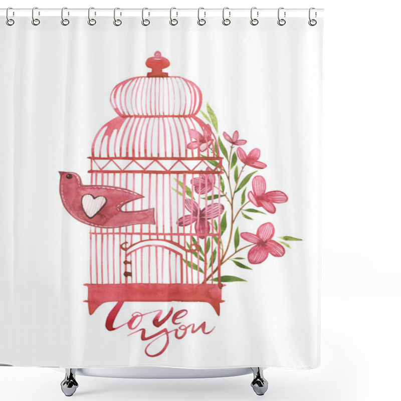 Personality  Valentines Day Cards With Bird Cage With Flowers. Love You. Romantic Quote For Design Greeting Cards, Tattoo, Holiday Invitations. Watercolor Pink Set Of Elements For Valentines Day. Shower Curtains