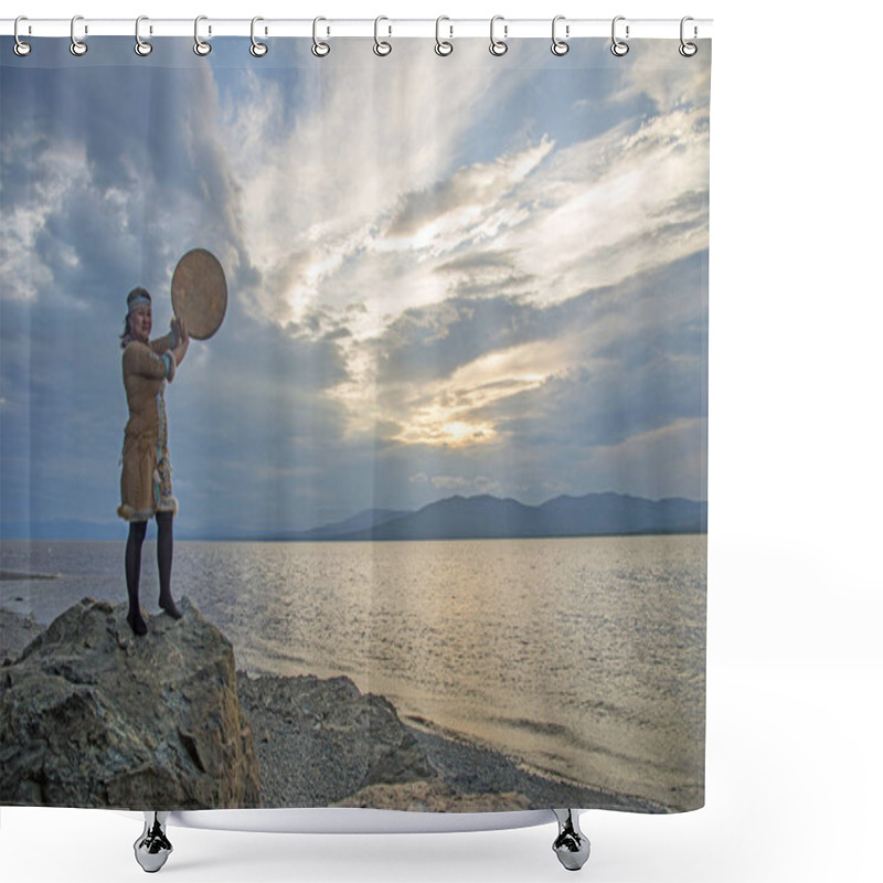 Personality  Evenki Woman At Sunset With A Tambourine Encourages Spirits Shower Curtains