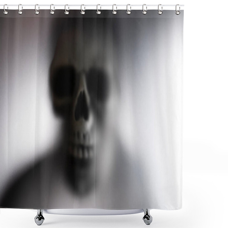 Personality  Horror Skeleton Or Grim Reaper Behind The Matte Glass. Halloween Festival Concept.Blurred Picture Shower Curtains