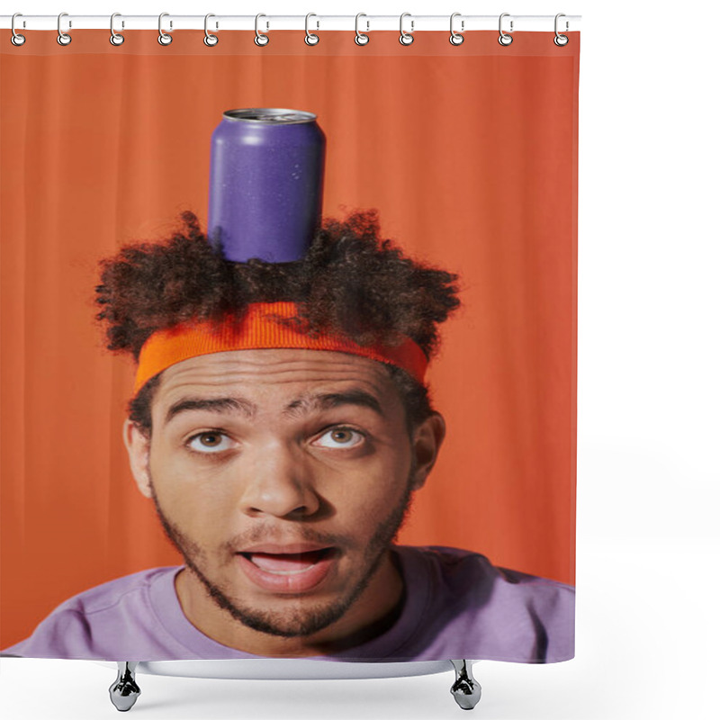 Personality  Purple Soda Can On Head Of Shocked Curly African American Guy With Headband On Orange Background Shower Curtains