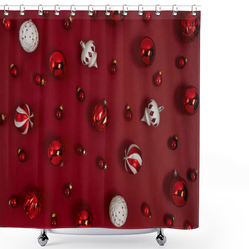 Personality  Christmas Pattern Made Of Glitter Red Balls Tree Toys Decoration On A Red Background With Copy Space. New Year Greeting Card Layout. Flat Lay. Shower Curtains