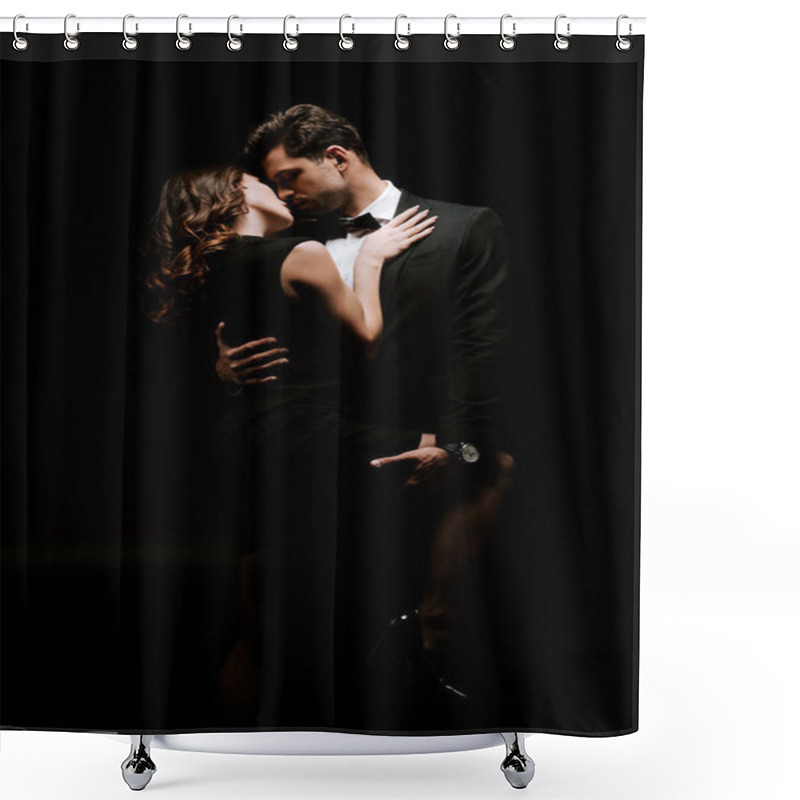 Personality  Handsome Man Hugging Sensual Woman In Dress Isolated On Black  Shower Curtains