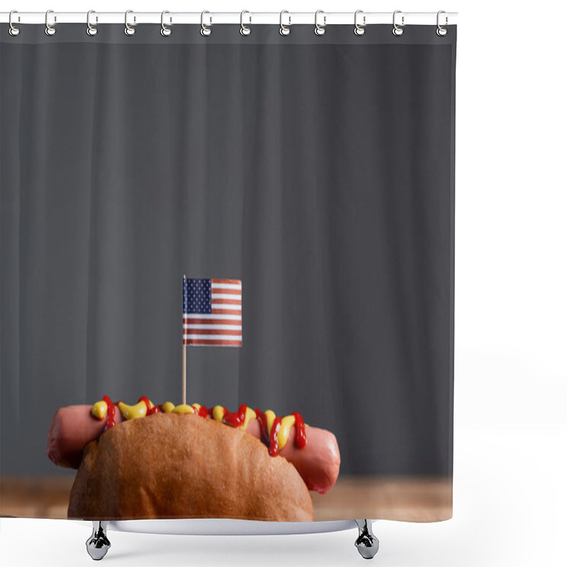 Personality  Tasty Hot Dog With Small American Flag Isolated On Grey With Copy Space Shower Curtains