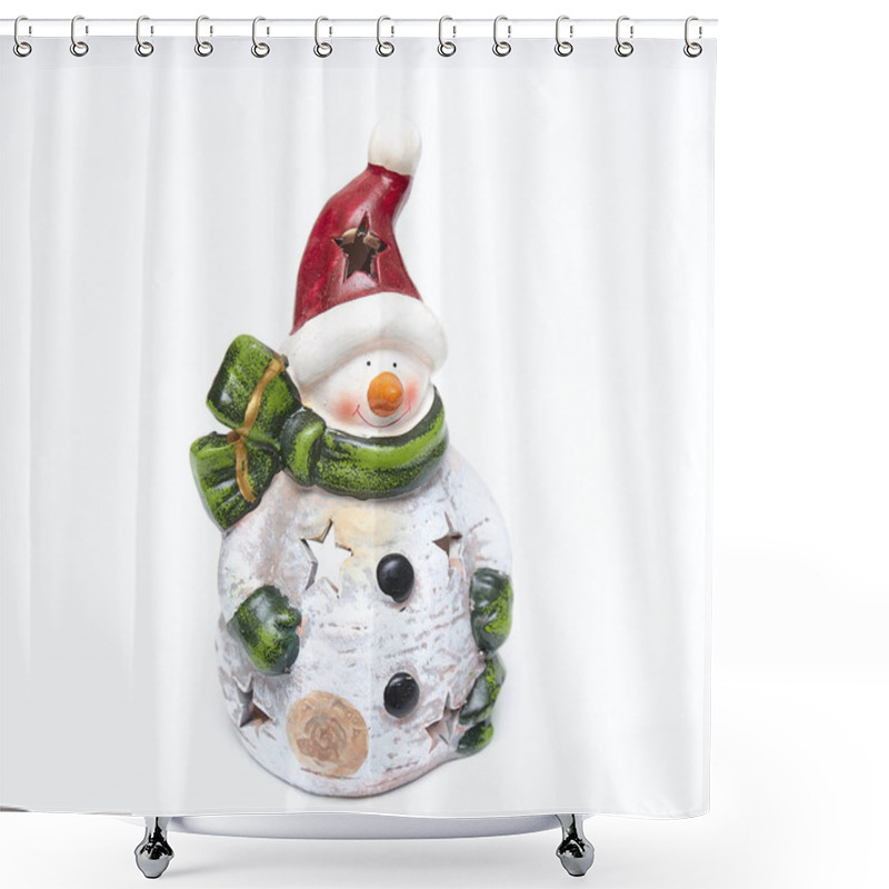 Personality  Closeup Decorative Christmas Snowman With Scarf Isolated On White Background. Shower Curtains