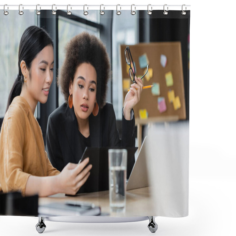 Personality  Interracial Businesswomen Looking At Clipboard While Working In Office Shower Curtains