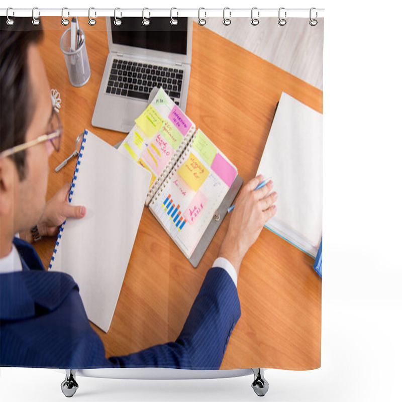 Personality  Young Handsome Employee Planning His Work Activity  Shower Curtains