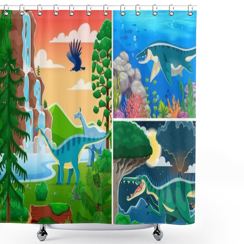 Personality  Prehistoric Dinosaur Characters Collage With Jurassic Lizards And Reptiles, Vector Background. Kids Prehistoric Dinosaurs Atlas Or Paleontology Book Cover With Giant Predators And Underwater Reptiles Shower Curtains