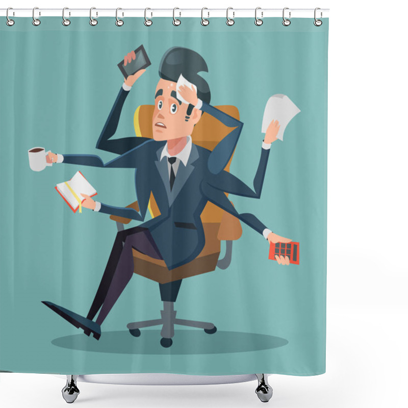 Personality  Shocked Multitasking Businessman At Office Work. Vector Cartoon Illustration Shower Curtains