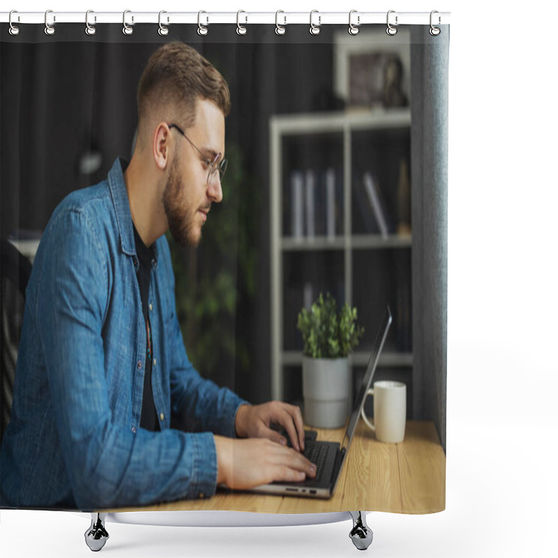 Personality  Young Handsome Bearded Man Writing Code On Laptop, Programmer Wearing Denim Shirt And Eyeglasses In Dark Office, It Concept Shower Curtains