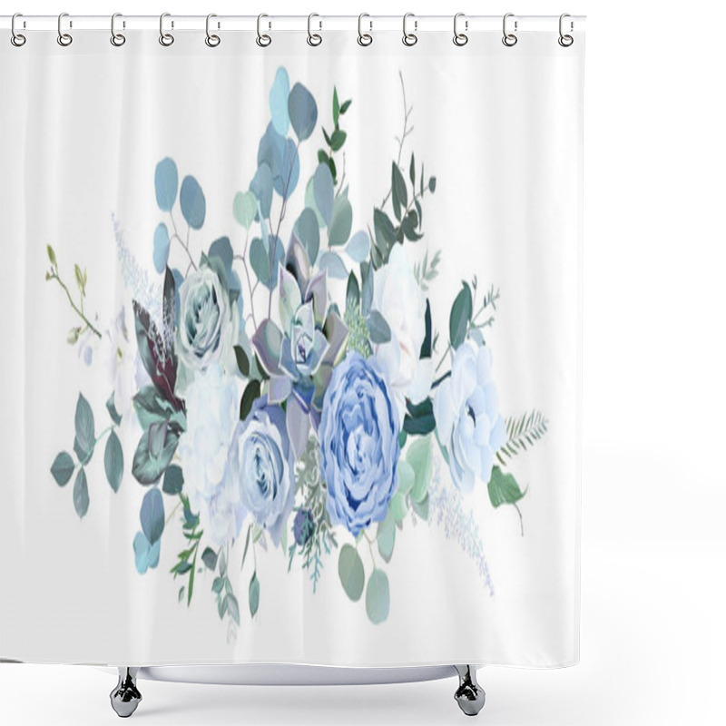 Personality  Dusty Blue Rose, White Hydrangea, Ranunculus, Magnolia, Anemone, Succulent, Greenery, Juniper Vector Design Bouquet. Wedding Seasonal Flowers. Floral Watercolor Composition. Isolated And Editable Shower Curtains