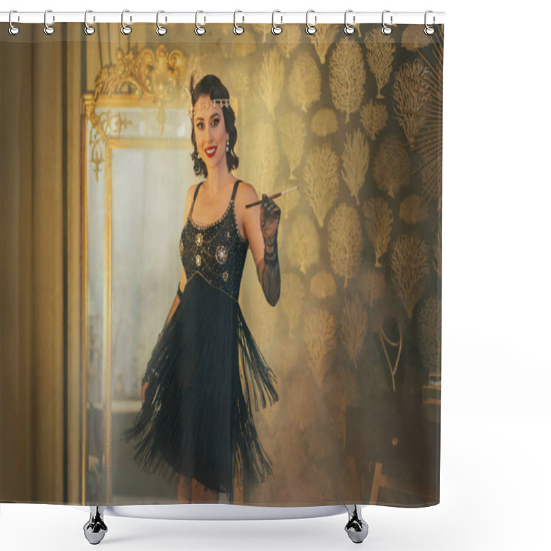 Personality  1920s Style Happy Cheerful Flapper Woman Dancing At Party, Short Mini Black Fringe Dress Flying Waving In Motion. Smiling Face Girl Holding Cigarette Mouthpiece. Golden Classic Luxury Interior Room. Shower Curtains