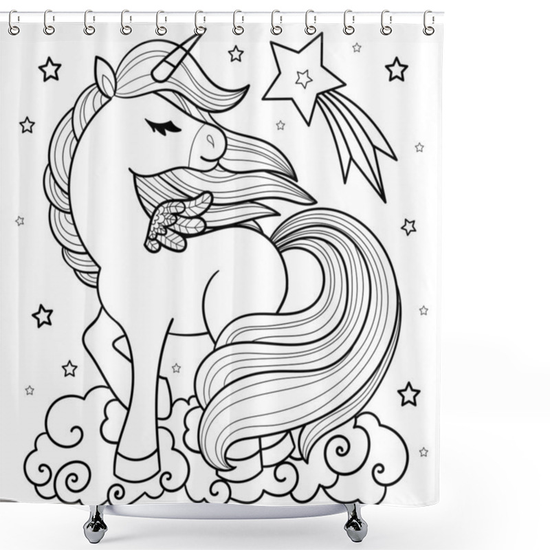 Personality  A Beautiful Unicorn With A Long Tail. Black And White Linear Drawing. For The Design Of Coloring Books, Postcards, Prints, Posters, Stickers, Tattoos And So On. Vector Shower Curtains