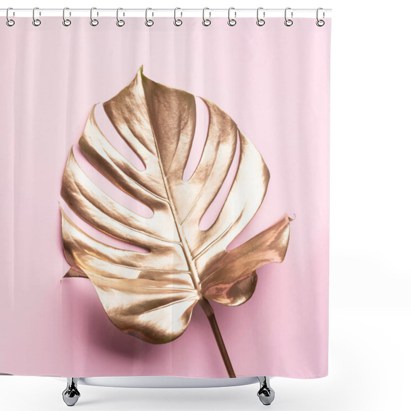 Personality  Exotic Summer Trend In Minimal Style. Golden Tropical Palm Monstera Leaf On Pastel Pink Color Background. Shiny And Sparkle Design, Fashion Concept. Shower Curtains