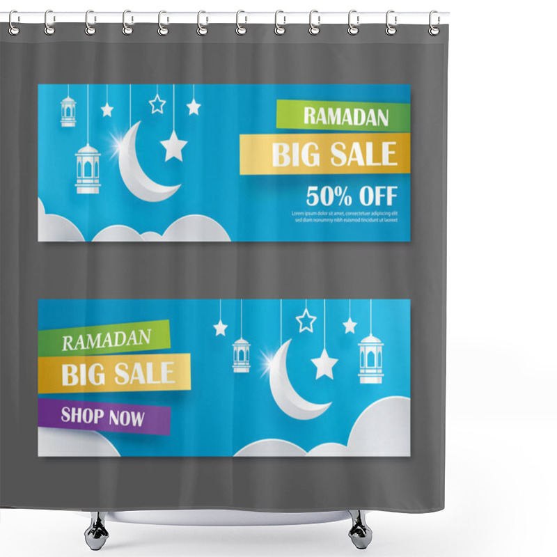 Personality  Ramadan Kareem Big Sale Banner Design With Crescent Moon Paper Art Background. Use For Greeting Card, Poster, Flyer, Brochure, Vector Illustration Template. Shower Curtains