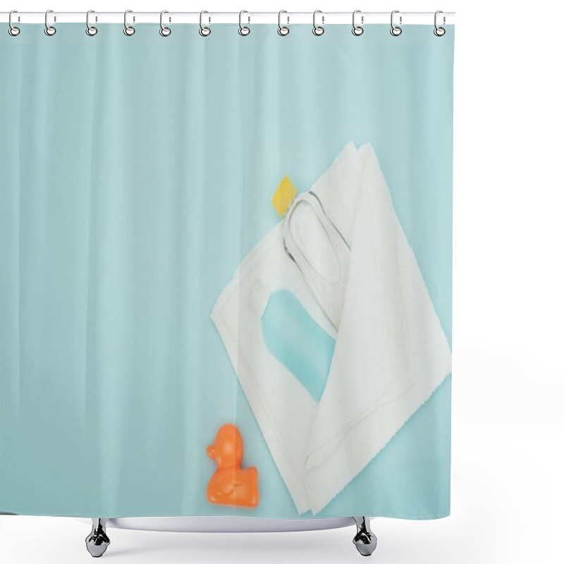 Personality  Top View Of Bathroom Accessories In Towel And Rubber Duck Isolated On Blue Shower Curtains