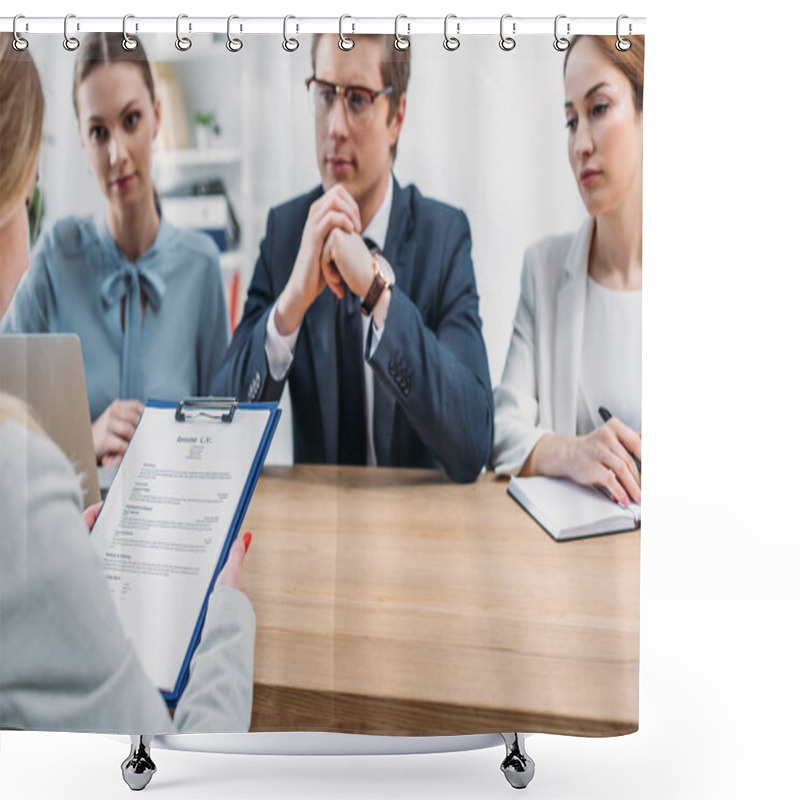 Personality  Selective Focus Of Woman Holding Clipboard With Resume Cv Lettering Near Recruiters  Shower Curtains