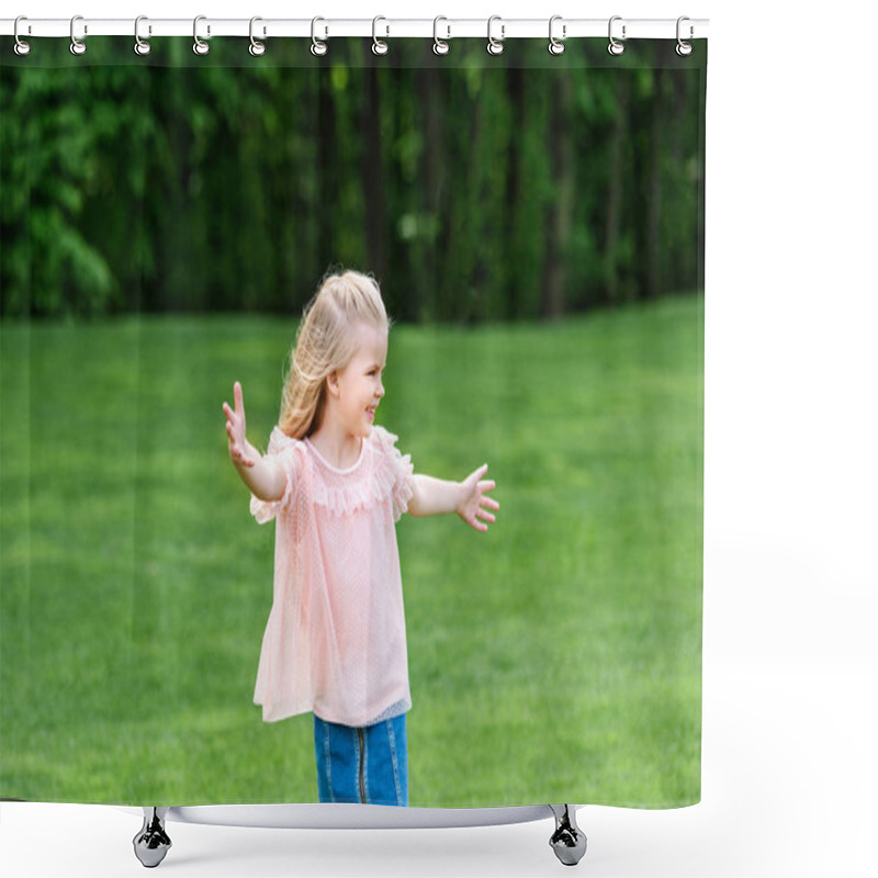 Personality  Cute Happy Little Child With Open Arms Looking Away In Park Shower Curtains