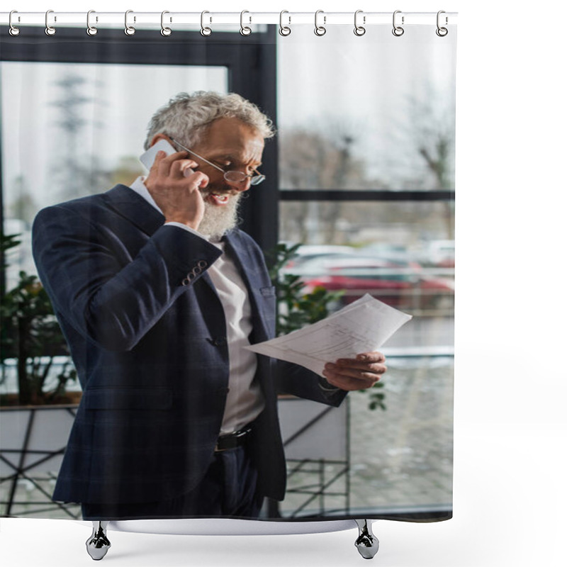 Personality  Smiling Mature Businessman Talking On Smartphone And Holding Blueprint In Office  Shower Curtains