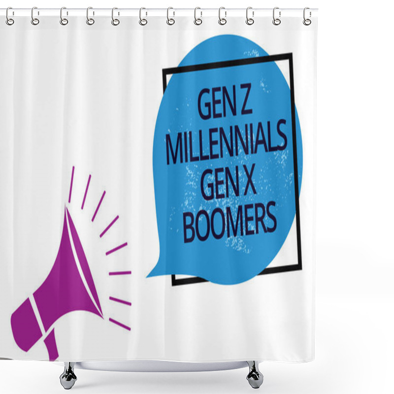 Personality  Text Sign Showing Gen Z Millennials Gen X Boomers. Conceptual Photo Generational Differences Old Young People Megaphone Loudspeaker Speaking Loud Screaming Frame Blue Speech Bubble Shower Curtains