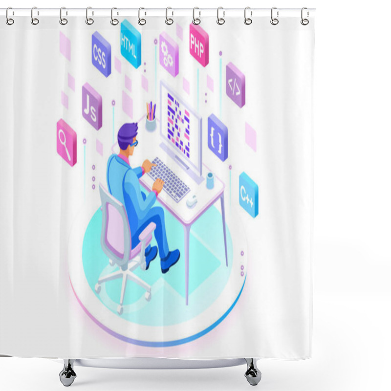 Personality  Programmer And Engineering Development Illustration. A Developer Of Project Team Of Engineers For Website Coding. Software Programming, Web Agency, Professional Employee At Laptop. Isometric Vector. Shower Curtains