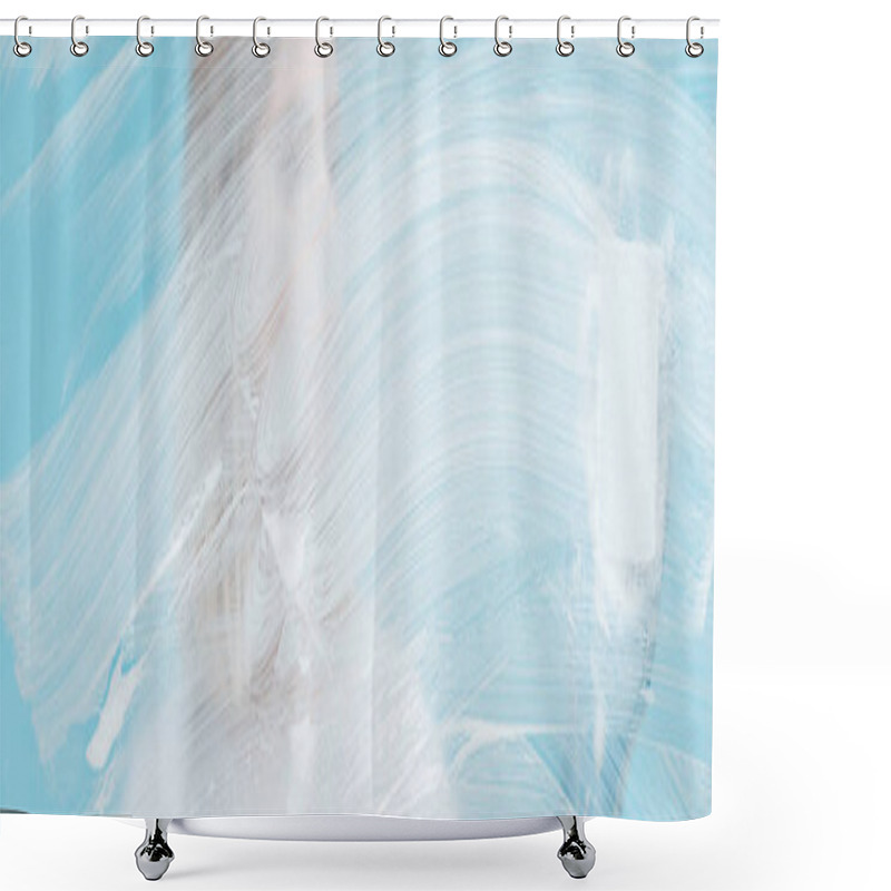 Personality  Panoramic Shot Of Woman With Sponge Behind Glass With White Foam On Blue Background Shower Curtains