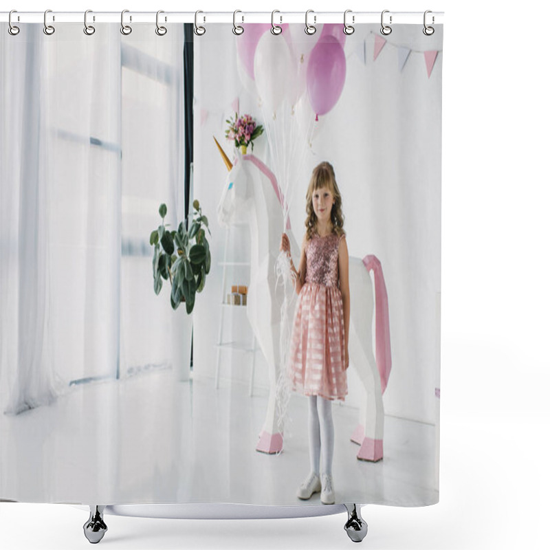 Personality  Birthday Kid Holding Bunch Of Air Balloons And Standing With Decorative Unicorn  Shower Curtains