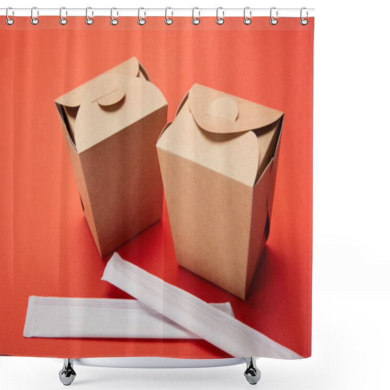 Personality  Chopsticks And Noodle Boxes On Red, Minimalistic Concept  Shower Curtains