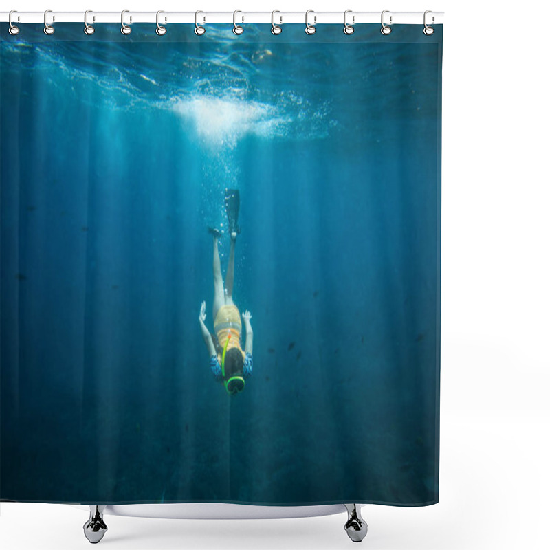 Personality  Underwater Photo Of Woman In Fins, Diving Mask And Snorkel Diving Alone In Ocean Shower Curtains