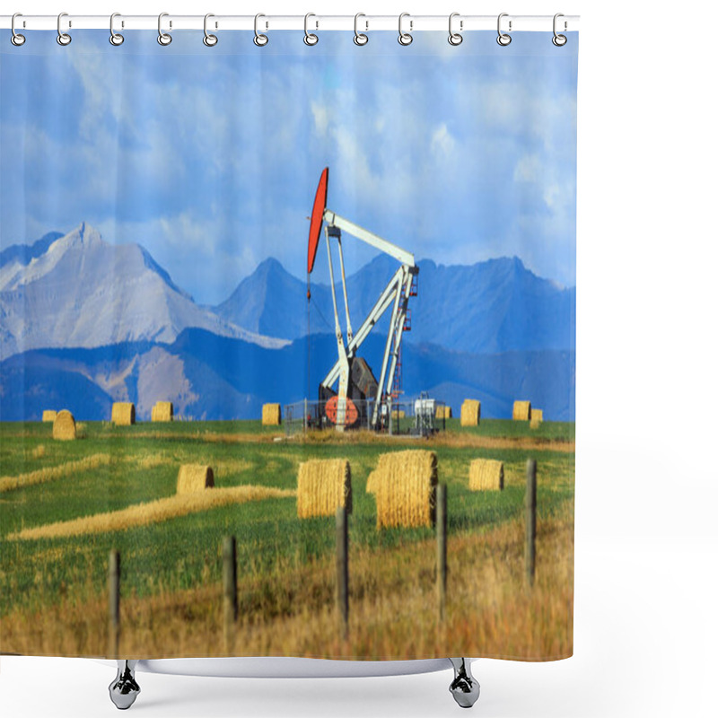 Personality  An Oil And Gas Industry Pumpjack Drill Rig In The Canadian Prairies With The Canadian Rockies In Alberta, Canada. Shower Curtains