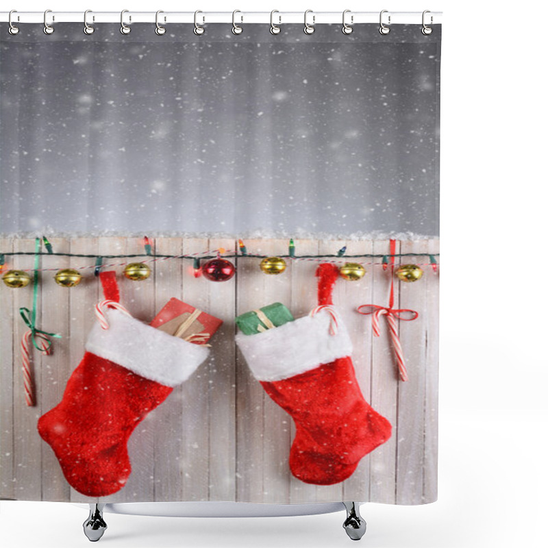 Personality  Christmas Stockings Rustic Fence Shower Curtains