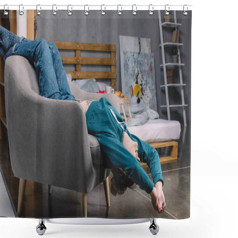 Personality  Happy Girl Lying Upside Down On Armchair In Bedroom Shower Curtains