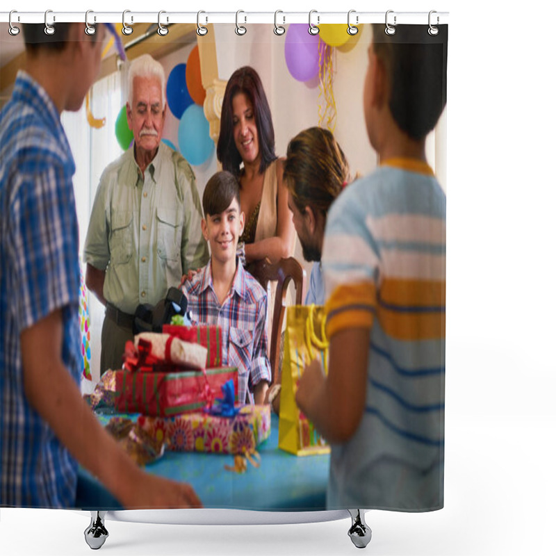 Personality  Boy With Family And Friends Celebrating Birthday Party Shower Curtains