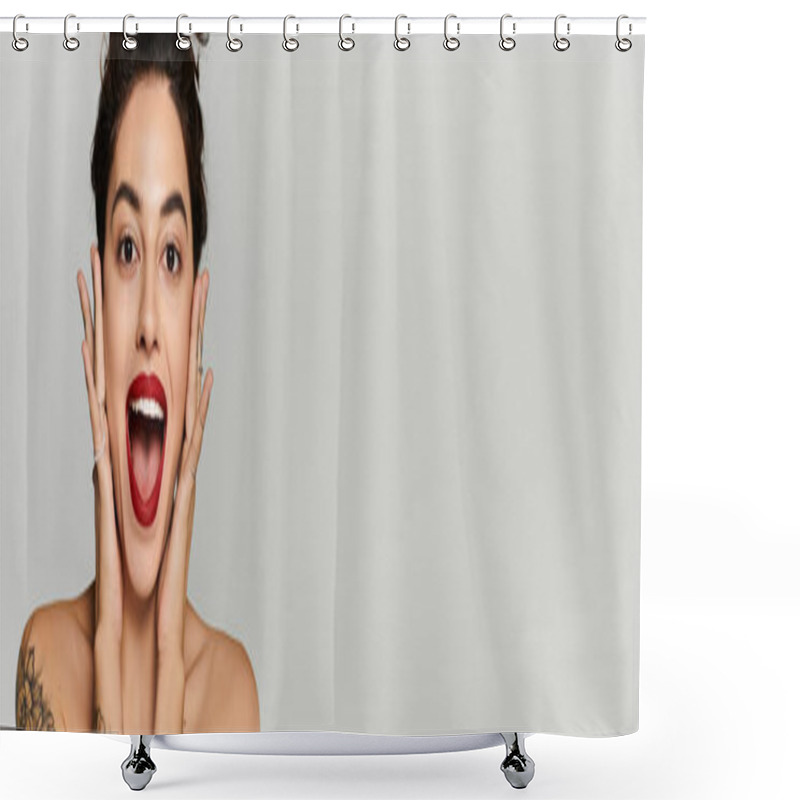 Personality  A Young Woman With Vibrant Makeup Joyfully Shows Excitement And Happiness While Posing. Shower Curtains