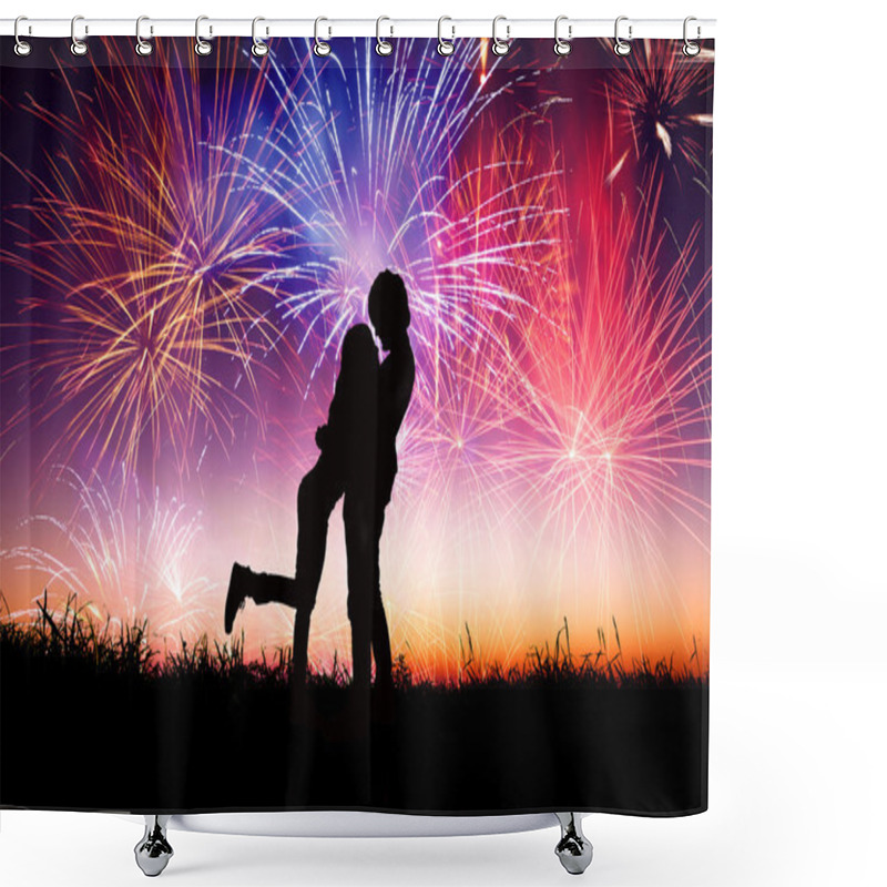 Personality  Loving Young Couple With Fireworks Background Shower Curtains