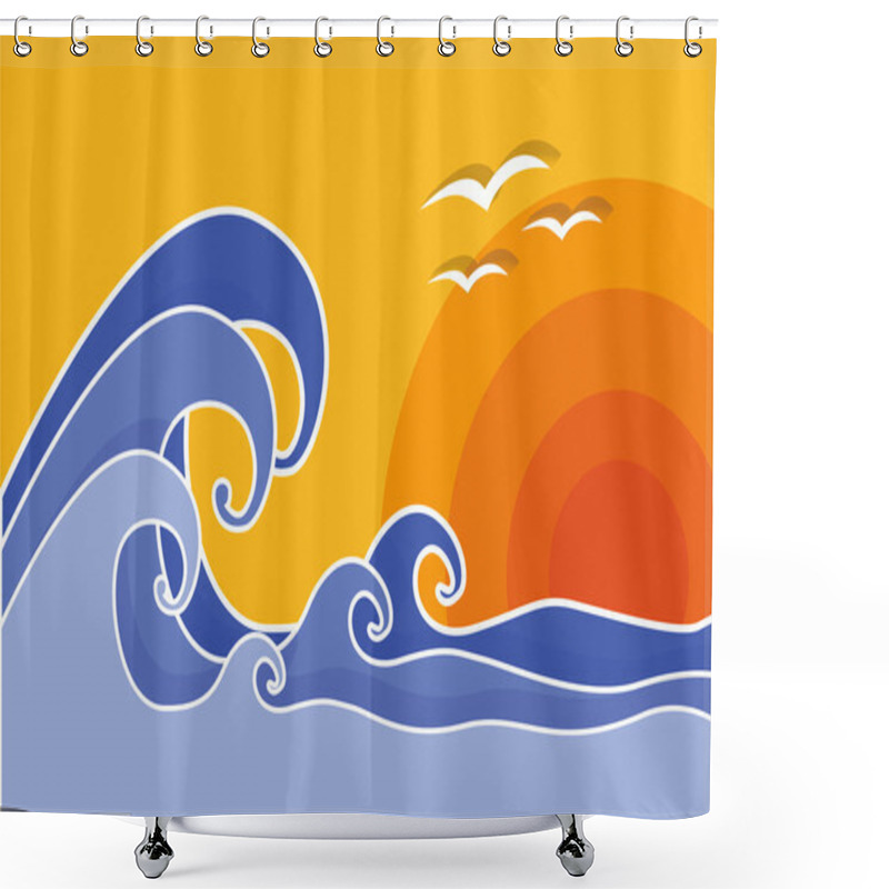 Personality  Big Waves With Sun And Seagulls, Vector, Illustration. Summer. Shower Curtains