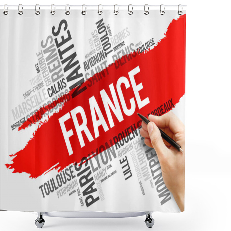 Personality  List Of Cities And Towns In France, Word Cloud Collage, Travel Concept Background Shower Curtains