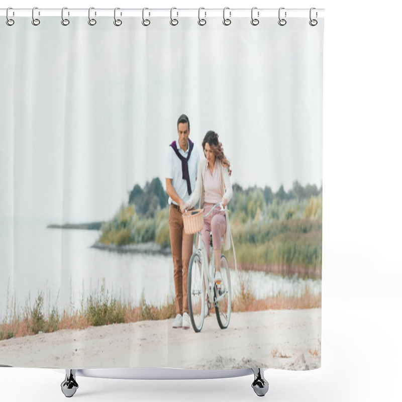 Personality  Man Helping Wife Ride Retro Bicycle On Sandy Riverside  Shower Curtains