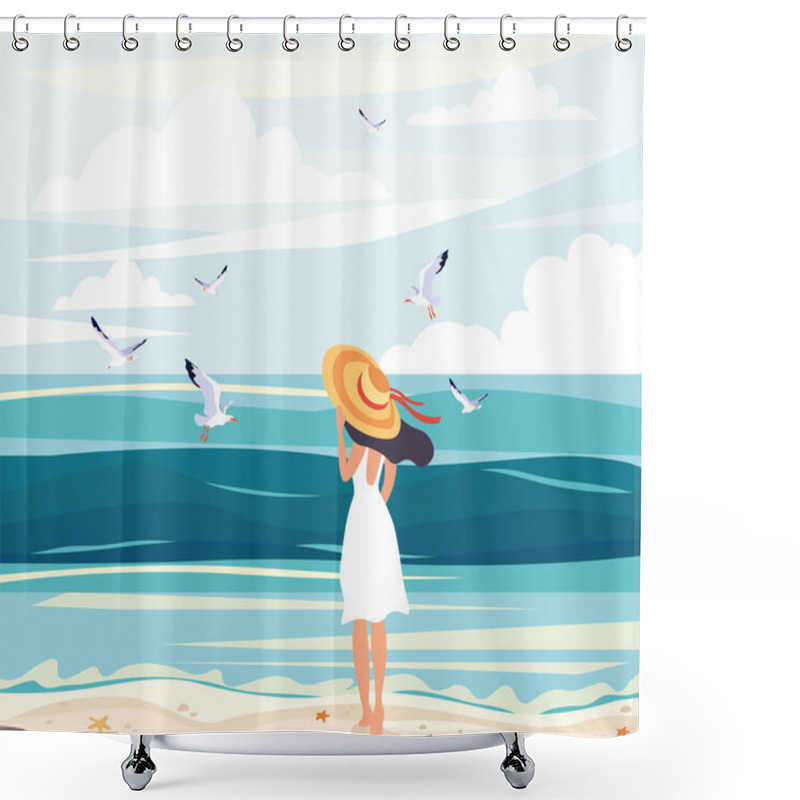 Personality  Woman In A Straw Sunhat At The Seaside Shower Curtains