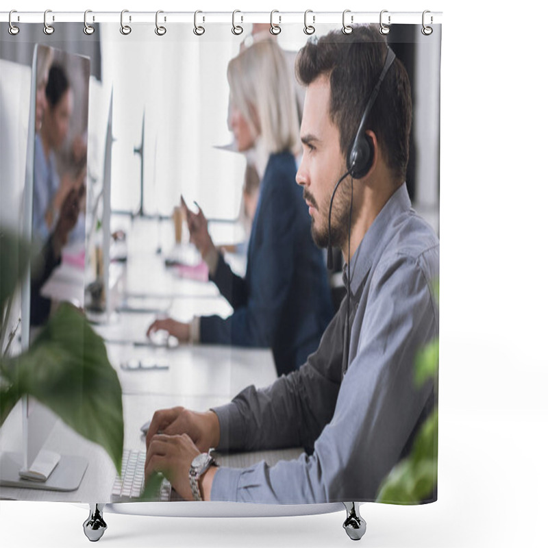 Personality  Call Center Operator In Headset In Office Shower Curtains