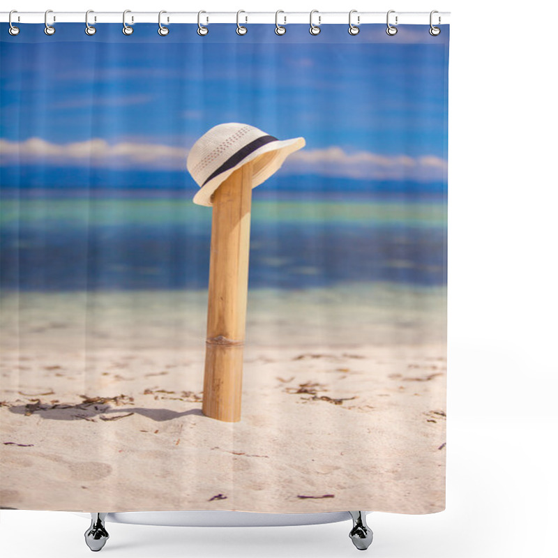 Personality  Straw Hat At Wooden Fence On The White Sandy Beach With An Ocean View Shower Curtains