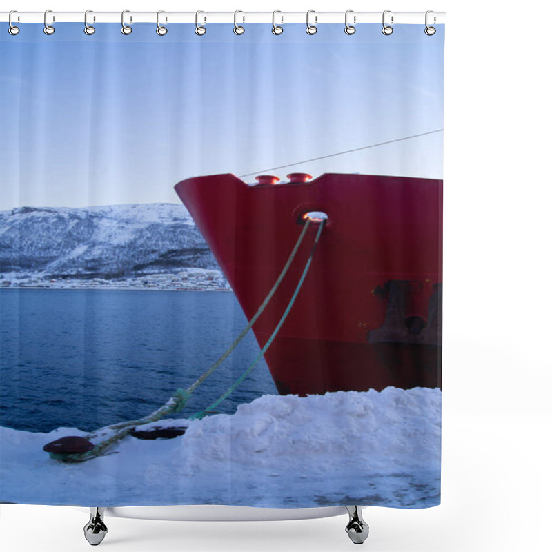 Personality  Nose Of The Red Ship In The Harbor, In Tromso, Norway. Snow In Winter, Fjord, Cold. Polar Circle, On Water, Evening.  Shower Curtains